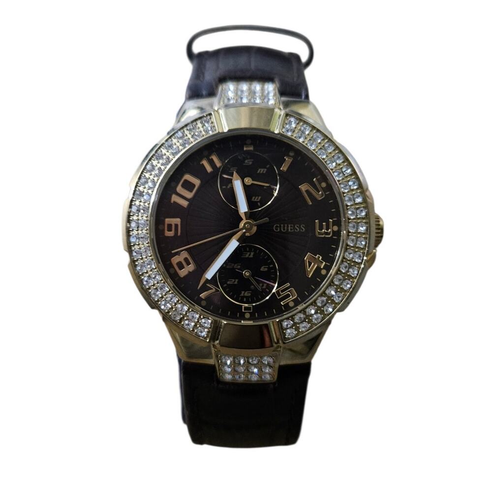Guess Tone Crystal Bezel Multi Function Orologio Brown Croc Leather Band 0